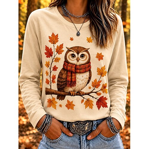 Damen T Shirt Druck Grafik Tiermotiv Katze Vintage Stilvoll Klassisch Langarm Rundhalsausschnitt Normale Oberteile Lässig Täglich Orange Grün Aprikose Frühling Herbst Winter MAO