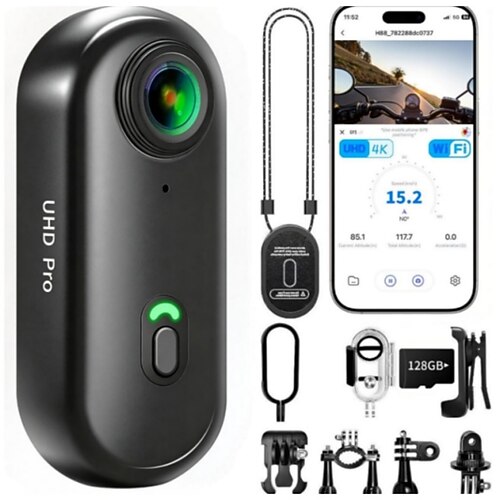 4K-Action-Kamera mit Speicherkarte, Mini-Body-Kamera mit WLAN, magnetischem Clip, tragbar, freihändige POV-Aufnahmen, wasserdichtes Gehäuse, überall montierbar für Sport-Vlogging und Radfahren