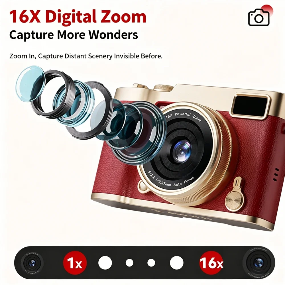 Appareil photo numérique pour étudiants avec zoom numérique 16X, 4800W pixels, appareil photo numérique portable, écran rotatif à 180°, appareil photo selfie, cadeaux