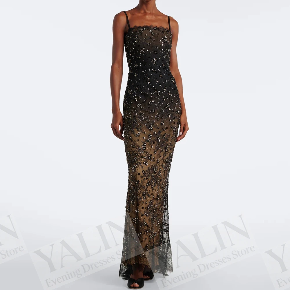 Women's A-line Evening Dresses Floor-length Spaghetti Strap Sleeveless Prom Dresses Fashion Lace Sequined Customized Gowns