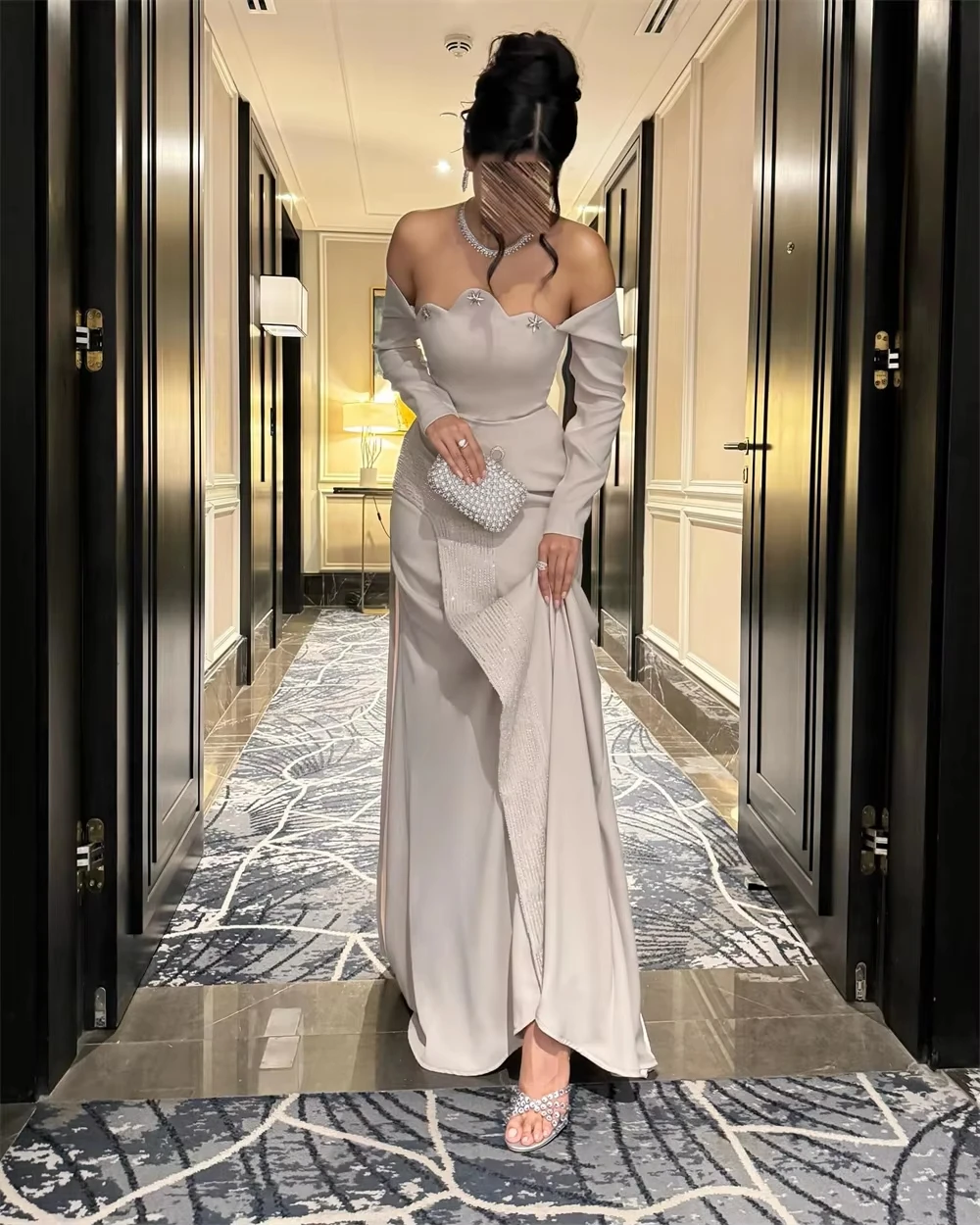 Elegant Sheath Prom Dress Customized Off Shoulder Long Sleeve Evening Dress Saudi Arabia Formal Wedding Party Dress