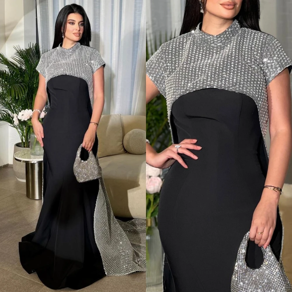 Customized Fashion High Collar Meramaid Sequin Party Dress Floor Length Cap Formal Evening Gowns 이브닝드레스 فستان سهره