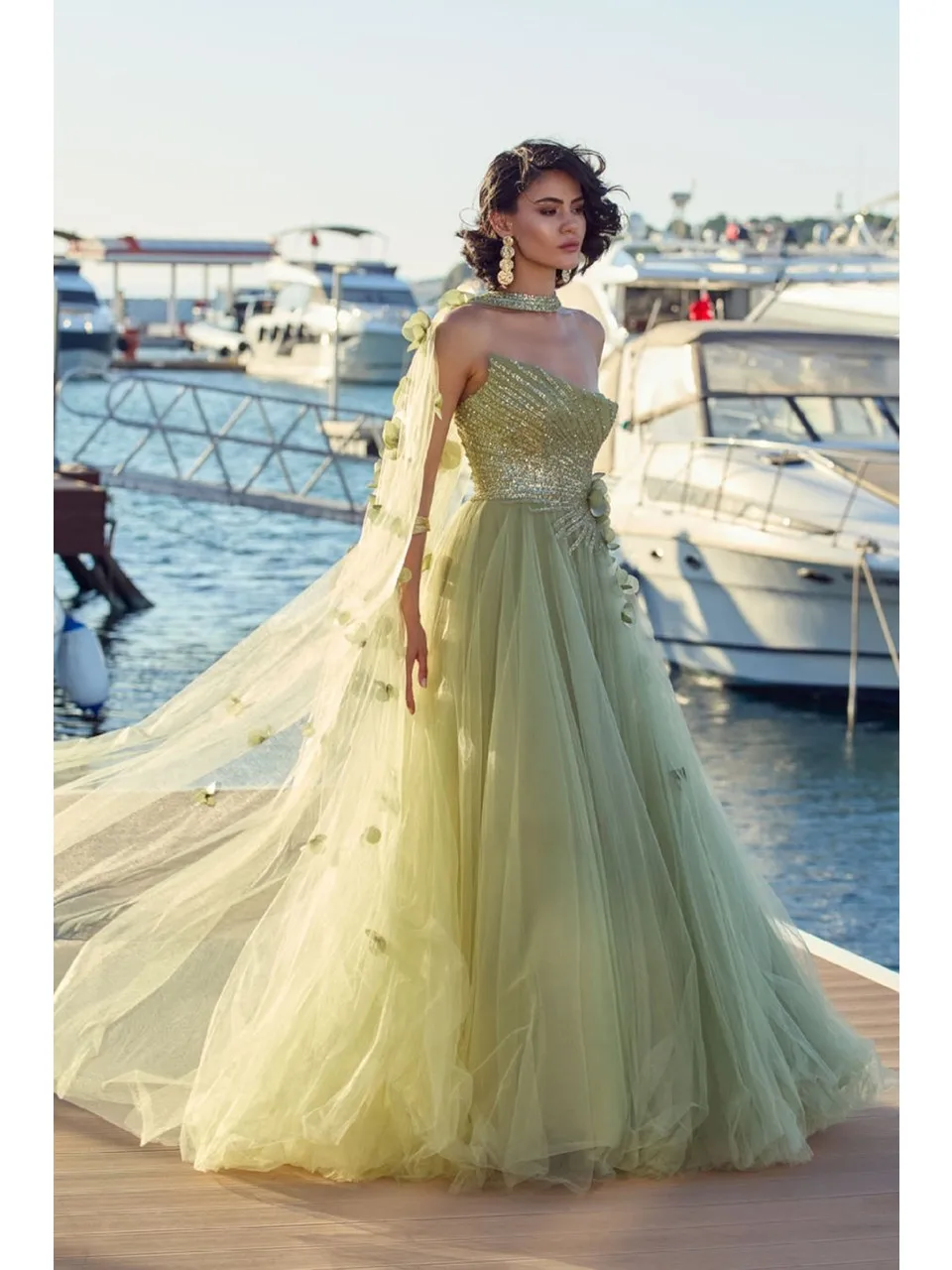 Customized Sage Green Strapless Evening Gown with Cape Beaded Bodice 3D Floral Tulle Prom Dress For Wedding Guest