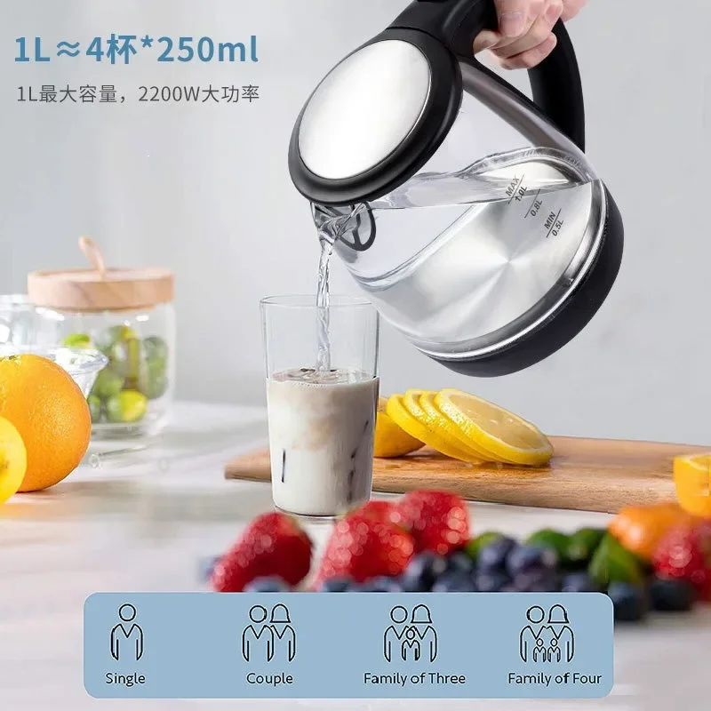 110V-220V Electric Kettle, Blue Light Glass Kettle, Automatic Power-off Household Flower Teapot Kettle 2200W 1L
