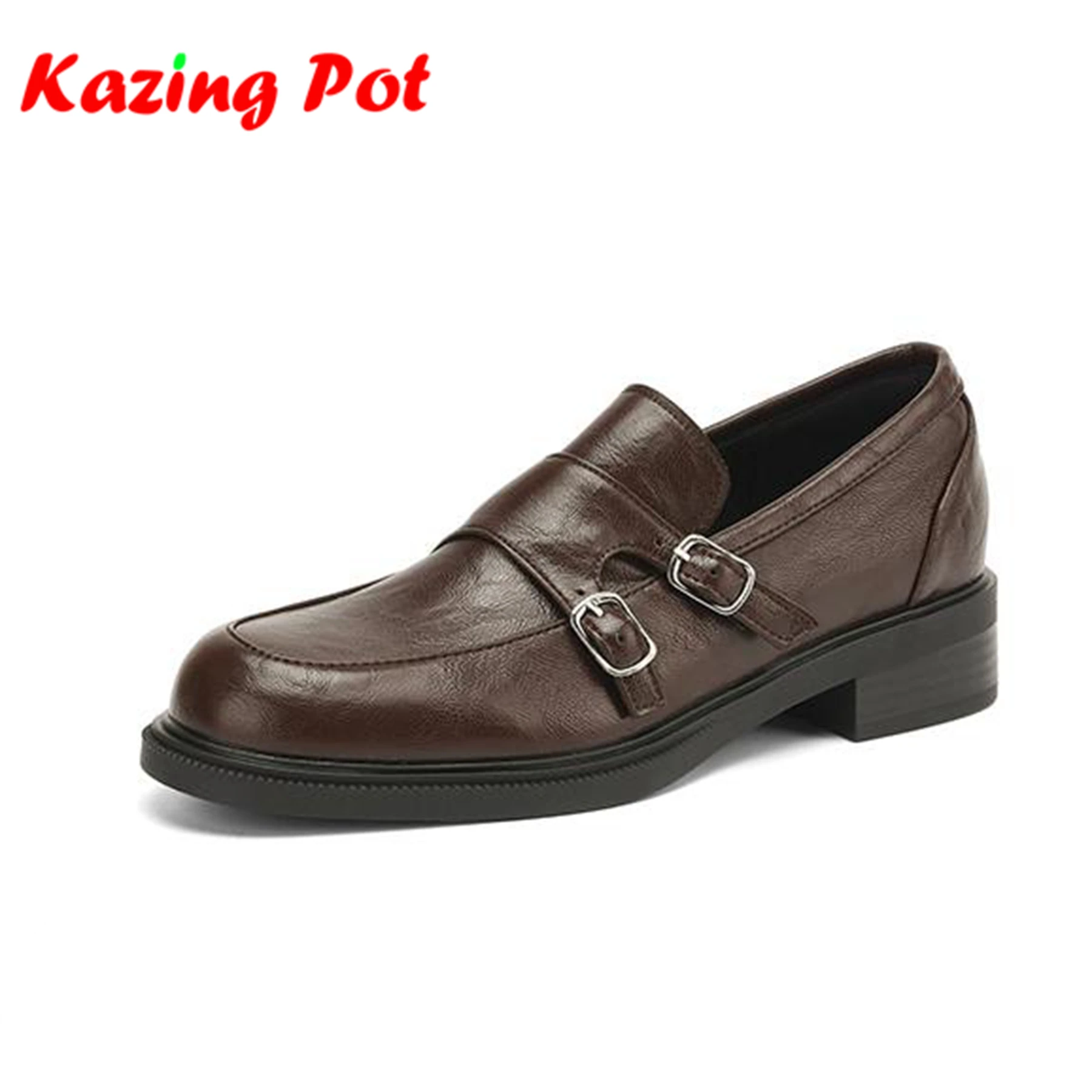 Krazing Pot Mikrofaser Runde Zehen Herbst Oxford Schuhe Med Heels Deep Mouth Schwarz Braun Metallschnalle Plus Größe 43 42 Damen Pumps
