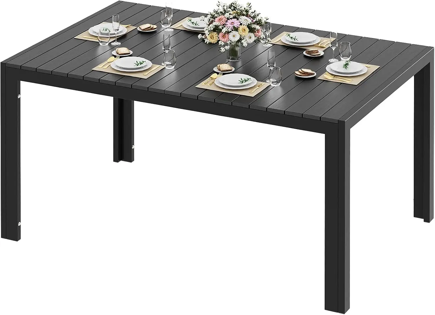 Wetterfester Großer Gartentisch, 140x90cm, Aluminium-Terrassentisch mit WPC-Tischplatte, Rechteckiger Outdoor-Esstisch für 6 Personen