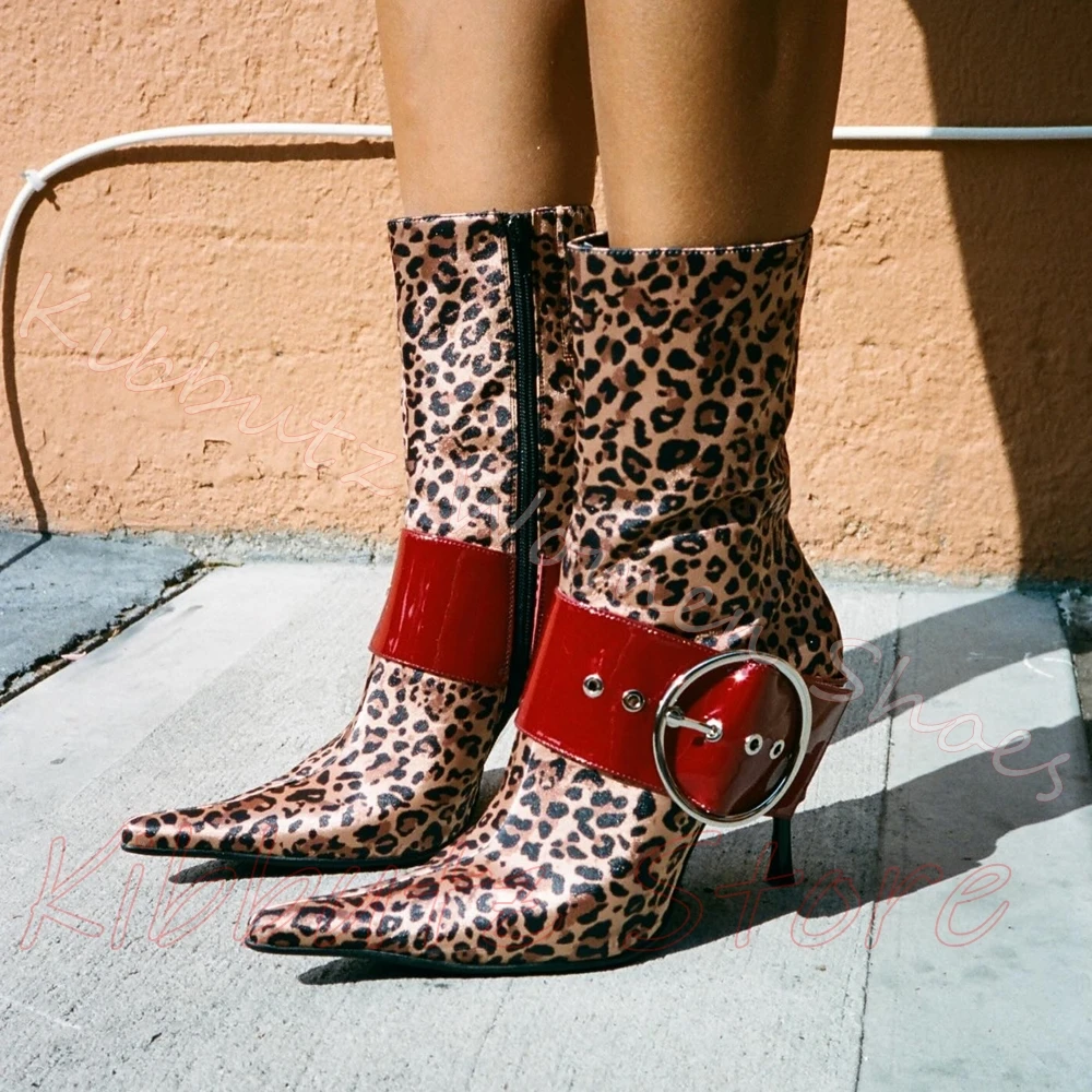 Damen-Stiefeletten mit Leopardenmuster, spitzer Zehenbereich, Stiletto-Absatz, Leder, seitlicher Reißverschluss, große Schnalle, modisch, Winter, Herbst, gemischte Farben, neu