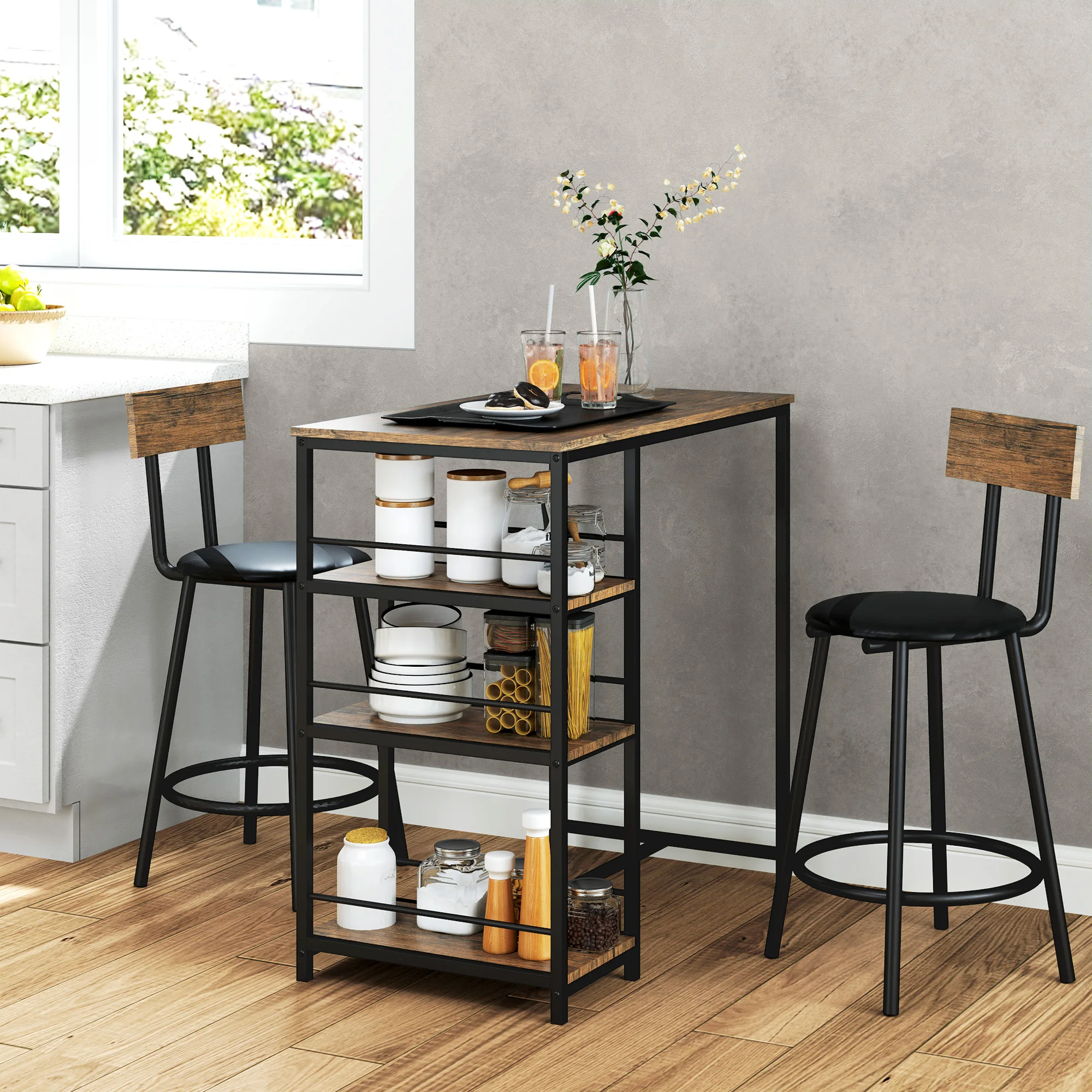 HOMCOM Bartisch mit Barhocker Set, Bartisch-Set für 2 Personen mit 2 Gepolsterten Barstühlen, Rückenlehne, Küchentisch mit 3 Ablagen, im Modern-Stil, Bartheke für Esszimmer, Küche, Stahl, Eiche