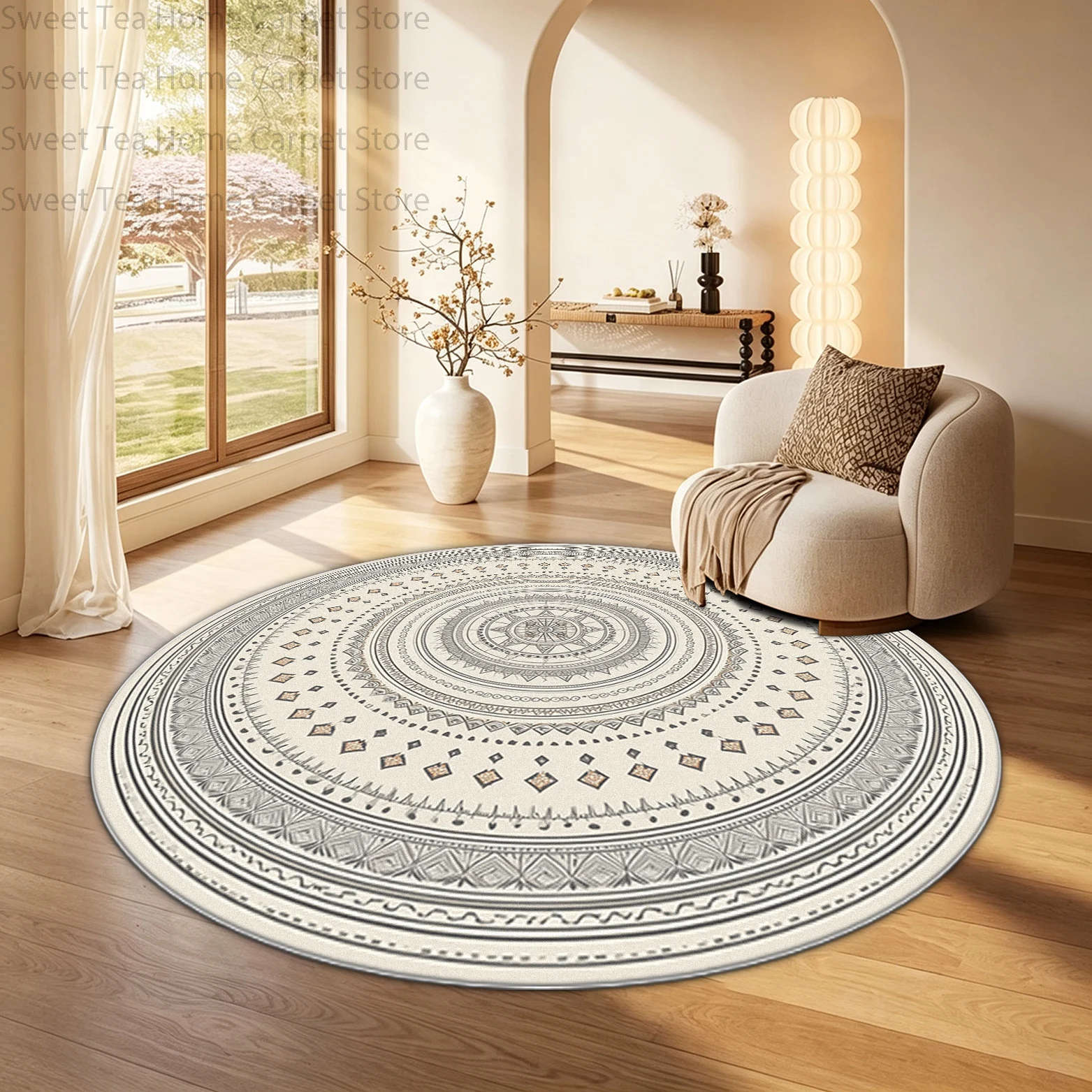 Round Boho Retro Style Living Room Carpet Light Luxury Decoration Bedroom Non-slip Washable Bedside Mat Soft Fluffy Office Rug