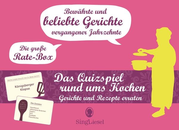 Das große Quiz-Spiel rund ums Kochen für Senioren. Das Spiel rund um bekannte Gerichte früherer Tage für Senioren. Auch mit Demenz. Spiele Box mit 100