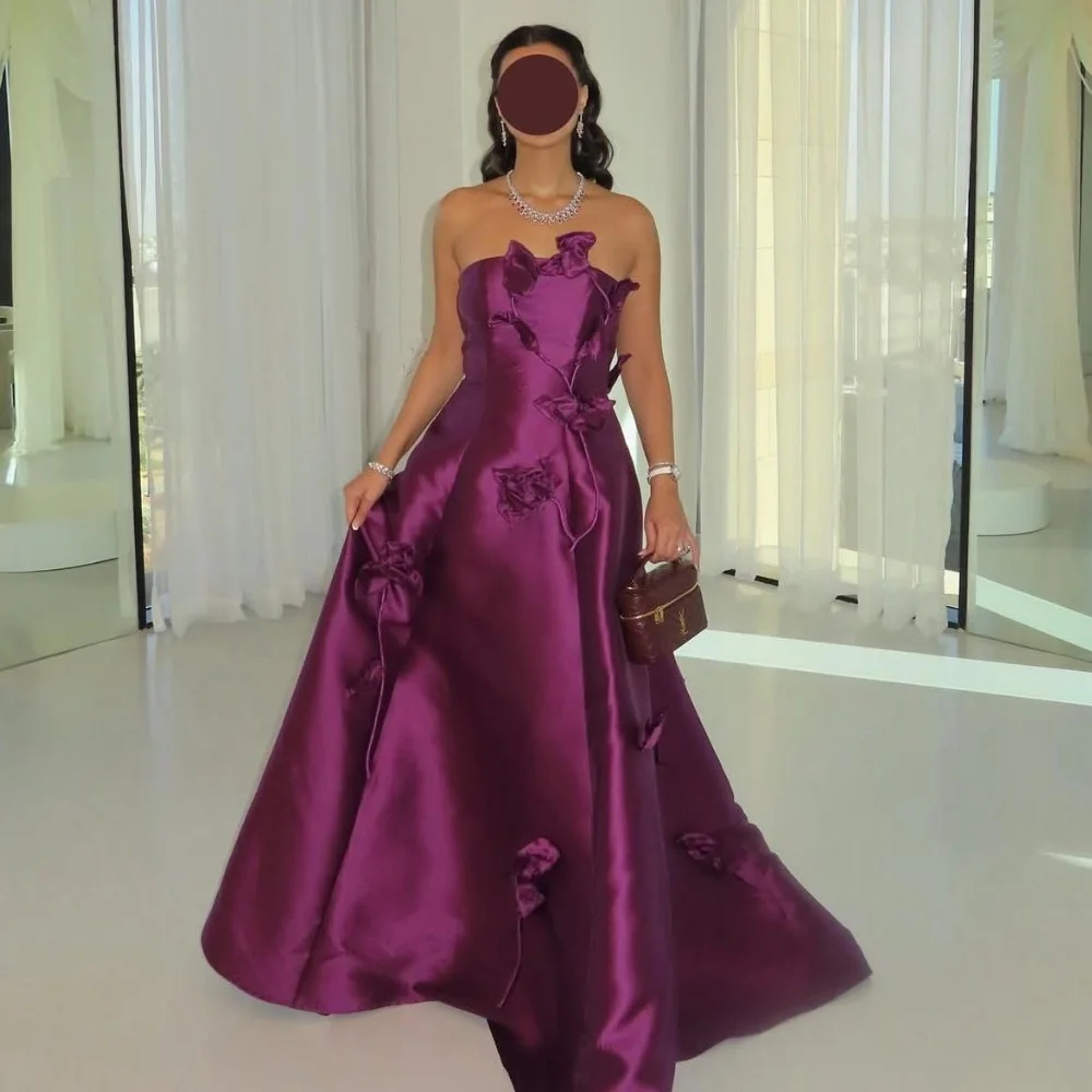 Customized Exquisite Intricate Handmade Flower Pleat A-line Strapless Long Dresses Bespoke Occasion Dresses Classic High Quality