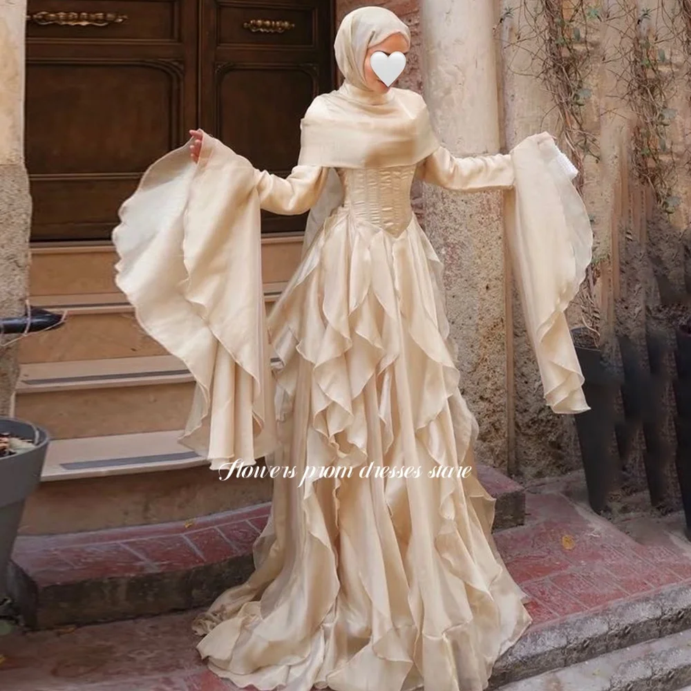 Flowers Khaki Evening Dress with Ruffles Flare Sleeve Prom Gowns A Line Celebrity Gala Dress vestidos de fiesta Customized