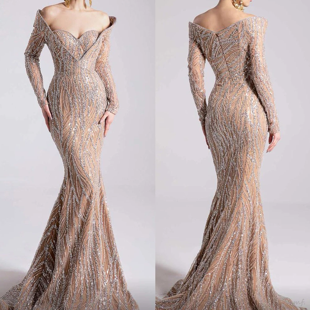 Luxury Evening Dress Customized Sweetheart Long Sleeves Sparkling Beading Sequins Zipper Mermaid Prom Gown Dancing Party Dresses