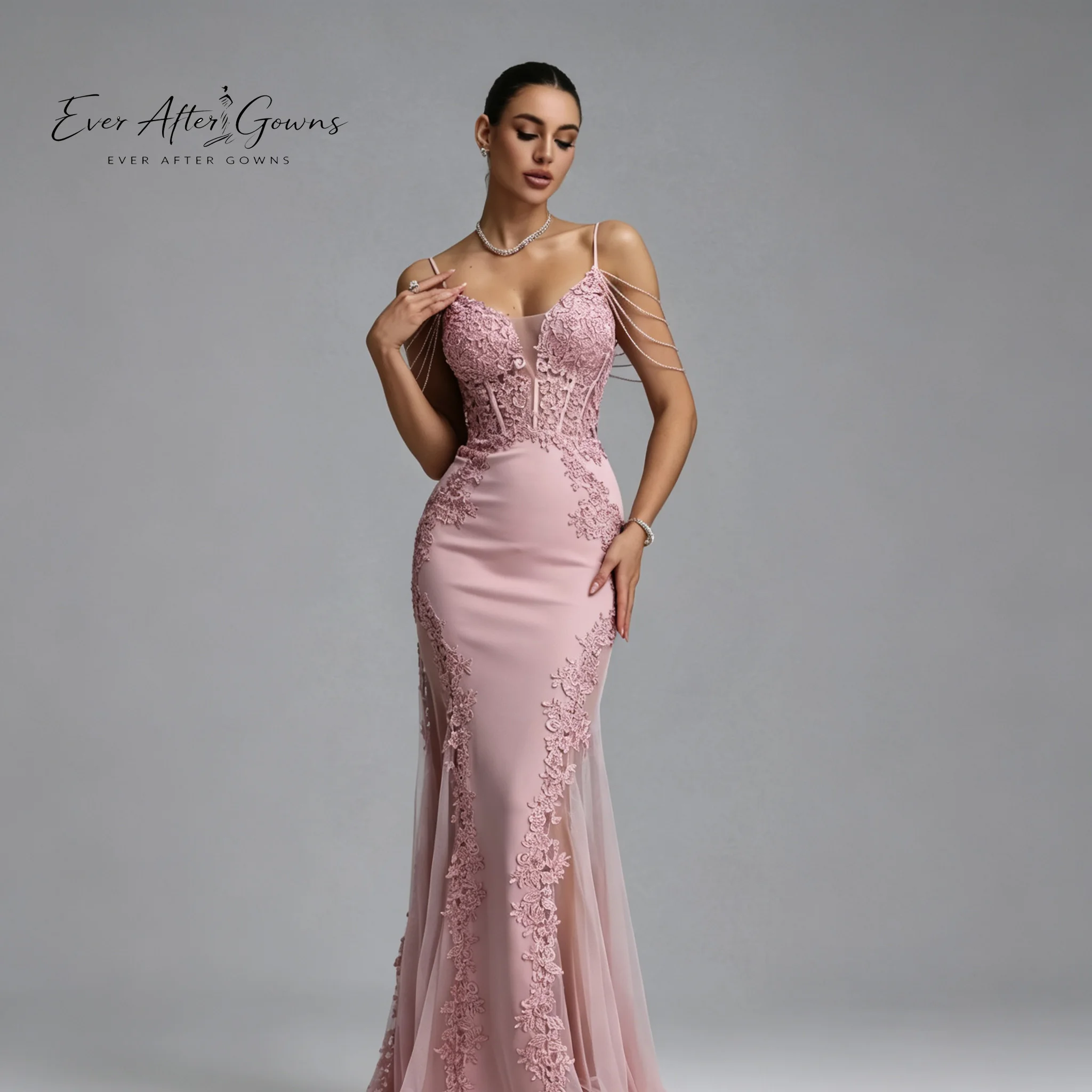 Ever After Gowns Spaghetti Straps Lace Mermaid Formal Dress Dusty Pink Corset Top Beaded Chain Tassel Long Evening Gown