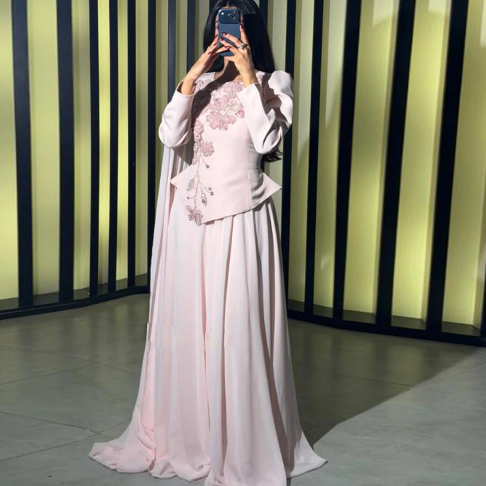 Customized Embroidery Flower Evening Dress 2026 Cap Sleeve A Line Abiye Formal Gown Pink Muslim Wedding Party Dresses