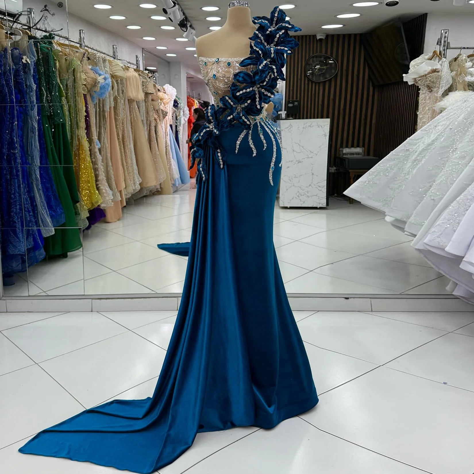 Dark Blue 3d Floral Evening Dress Luxurious Crystal Beaded Mermaid Dress With Train Strapless Cocktail Dress Customizable