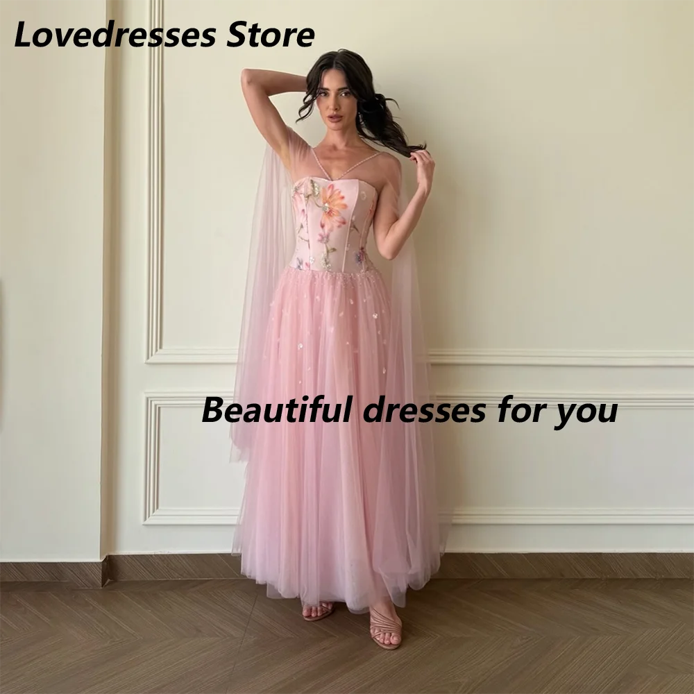 Pink Luxury Evening Dress Spaghetti Strap Floral Embroidery Tulle Cape A Line Ankle Length Elegant Formal Party Dress Customized