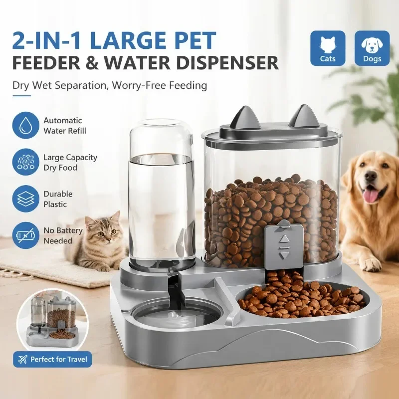 Distributeur automatique d'eau et de nourriture pour chats 2 en 1, avec séparation pour aliments secs et humides, bol pour nourriture pour animaux de compagnie, pour chats et petits chiens, utilisation à la maison et en voyage.