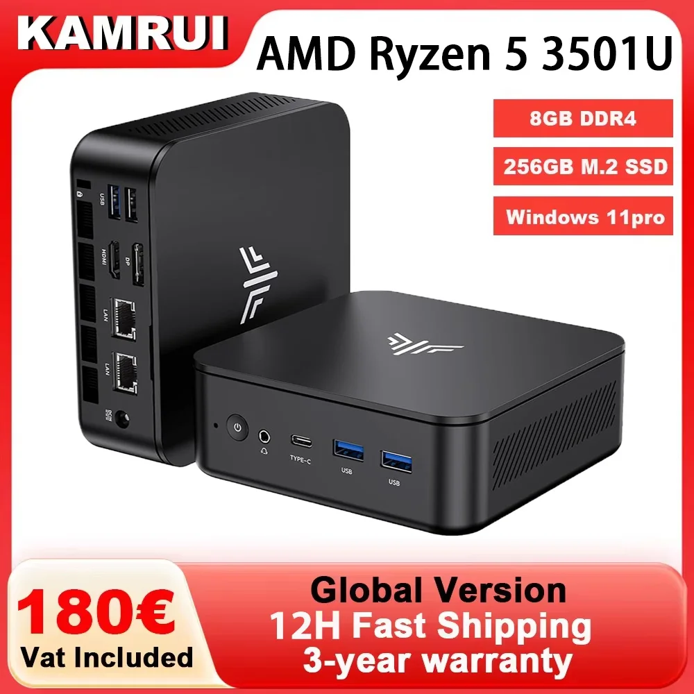 KAMRUI Mini-PC Ryzen 5 3501U 8GB DDR4 256GB M.2 SSD Windows11Pro WiFi5 Dual 4K Display Mini-Desktop-Computer für Büro und Geschäft