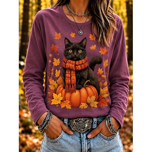 Damen T Shirt Grafik Tiermotiv Vintage Stilvoll Klassisch Langarm Rundhalsausschnitt Normale Oberteile Lässig Khaki Purpur Grau Frühling Herbst