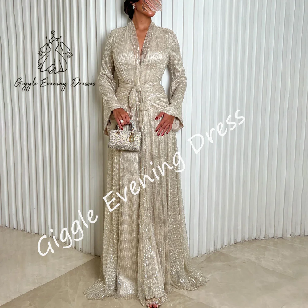 Luxury V Neck Long Sleeves A-line Sequin Evening Dress With Pleat Bow Floor Length Formal Abiye Elbise Party Gown