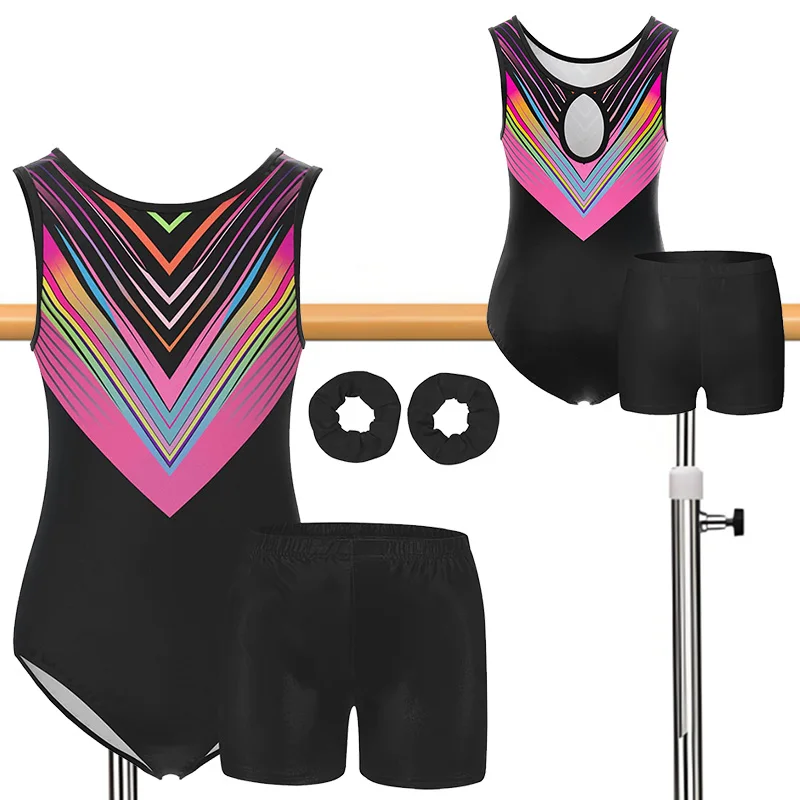 Justaucorps de gymnastique 4 pièces pour filles, tenue athlétique, combinaison de gymnastique, vêtements de sport pour enfants (sans diamant)