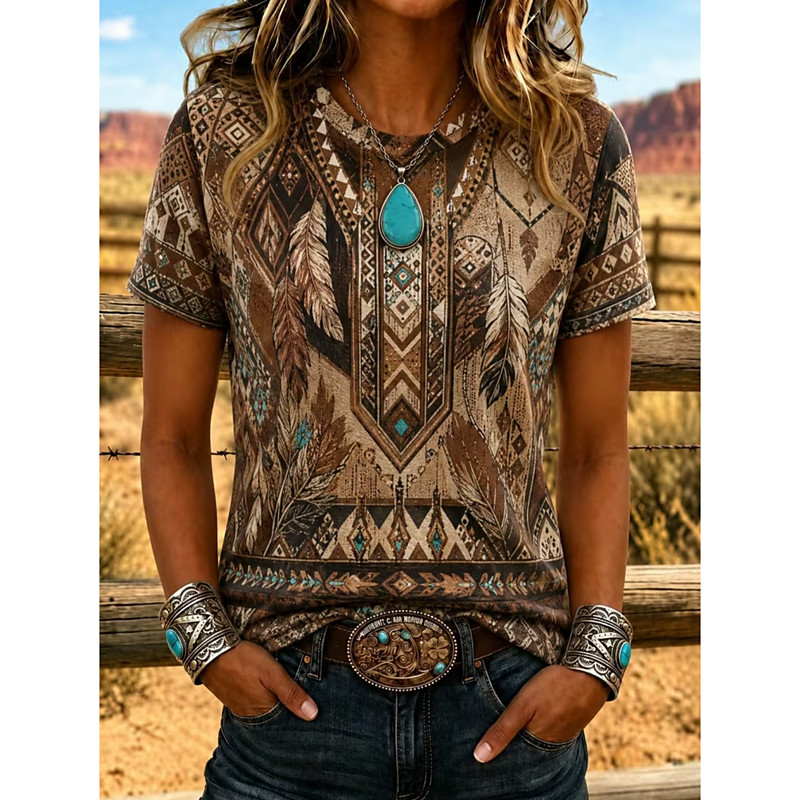Women's T Shirt Print Graphic Geometric Tribal Bohemia Vintage Stylish Short Sleeve Crew Neck Regular Tops Casual Daily Vacation Wear Brown Summer Spring