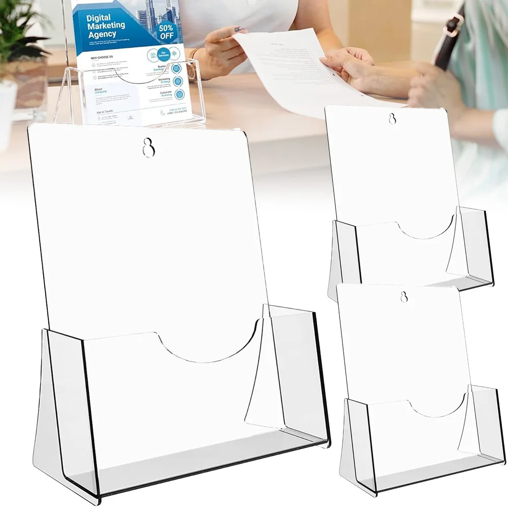 Porte-brochures en acrylique A5, présentoir autoportant pour prospectus, à suspendre au mur ou à poser sur une table, présentoir pour magazines, dépliants, livrets, menus, journaux, lot de 3.