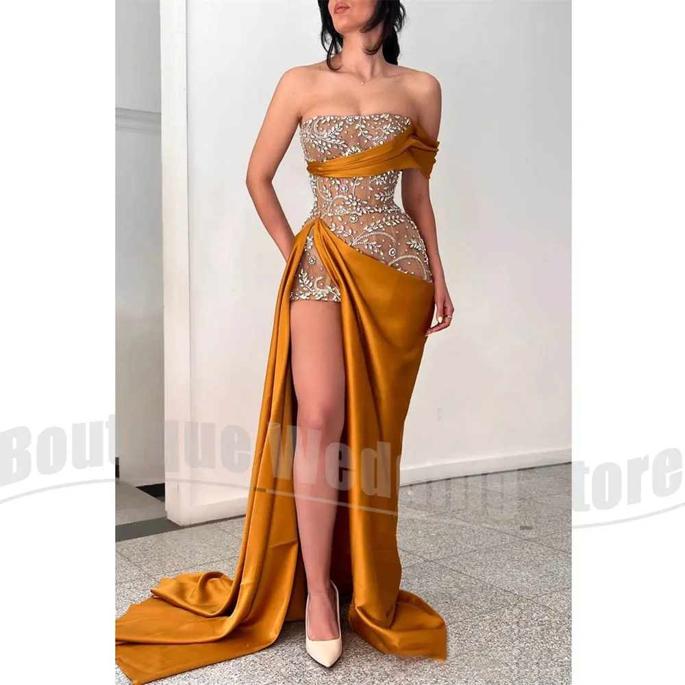 Luxury Crystal Evening Dress Strapless High Slit Formal Party Gown with Train for Women Fashion Pleated Floor Length Prom Dress