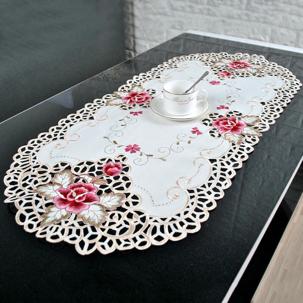 40x85cm ovale Vintage bestickte Spitze Tischdecke elegante europäische rustikale Blumen Tisch dekoration Blumen Satin Stoff Tischdecke