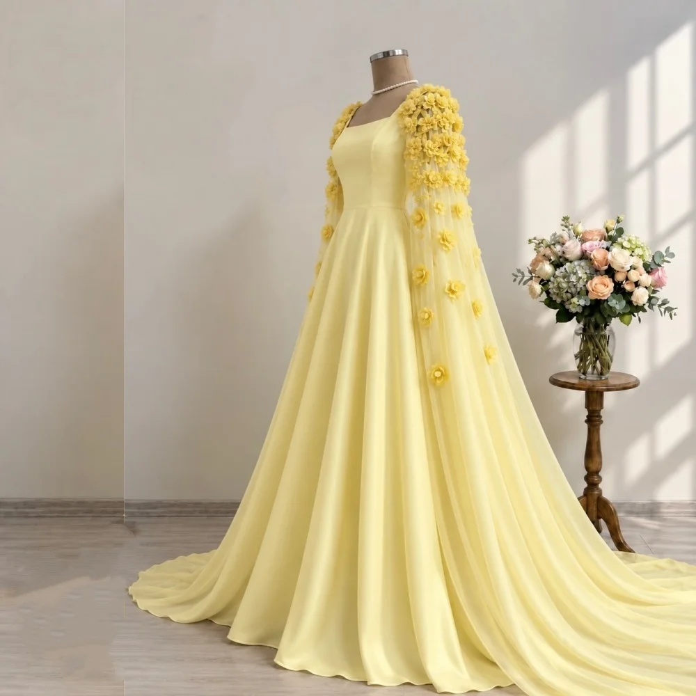 Customized High Quality Applique Square Neck A-line Long Dresses Wedding Gown Exquisite Formal Evening Dress