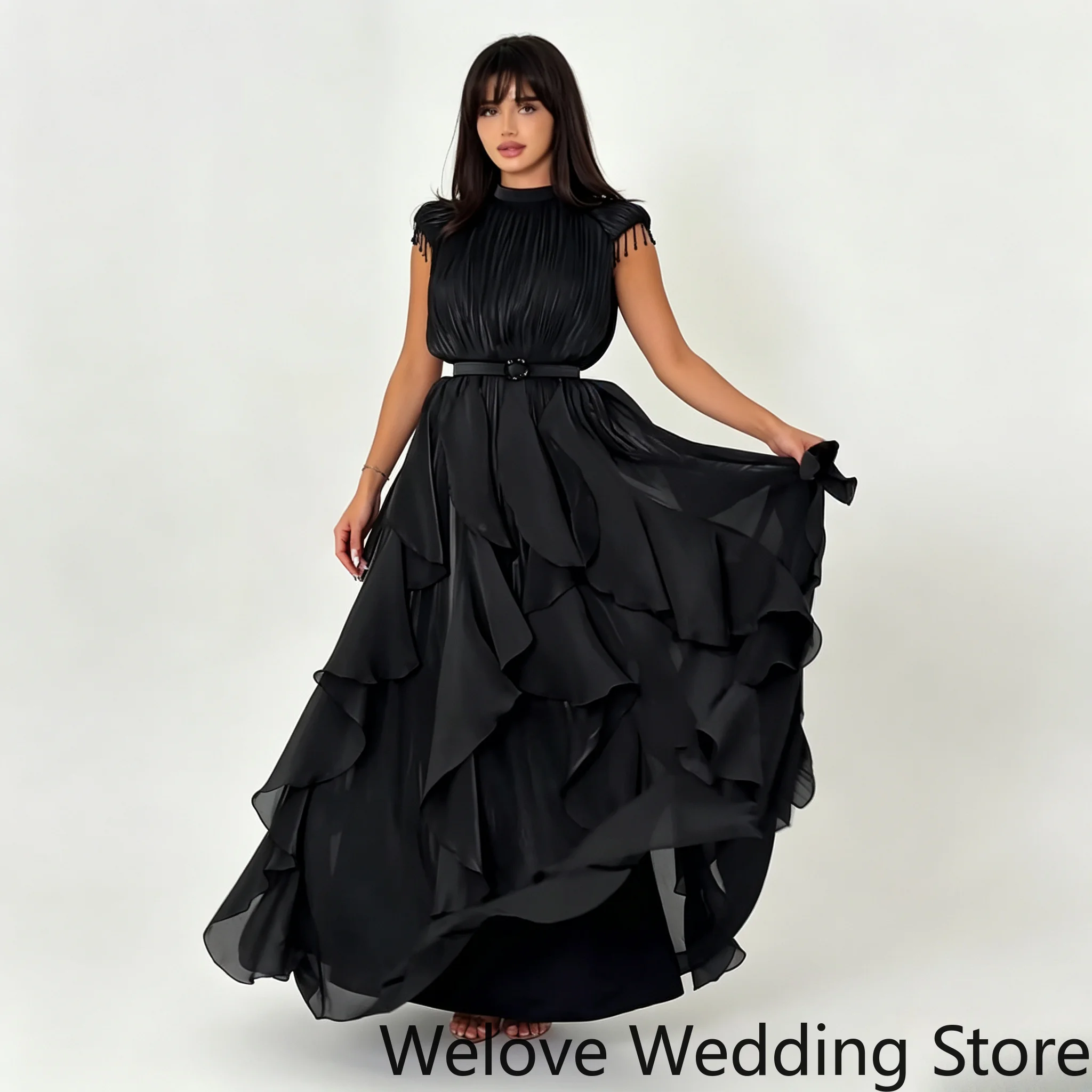 Customized Elegant Black Evening Gown High Neck Fringe Beaded Cap Sleeve Pleated Bodice Slim Waist Belt Multi Tiered Irregular