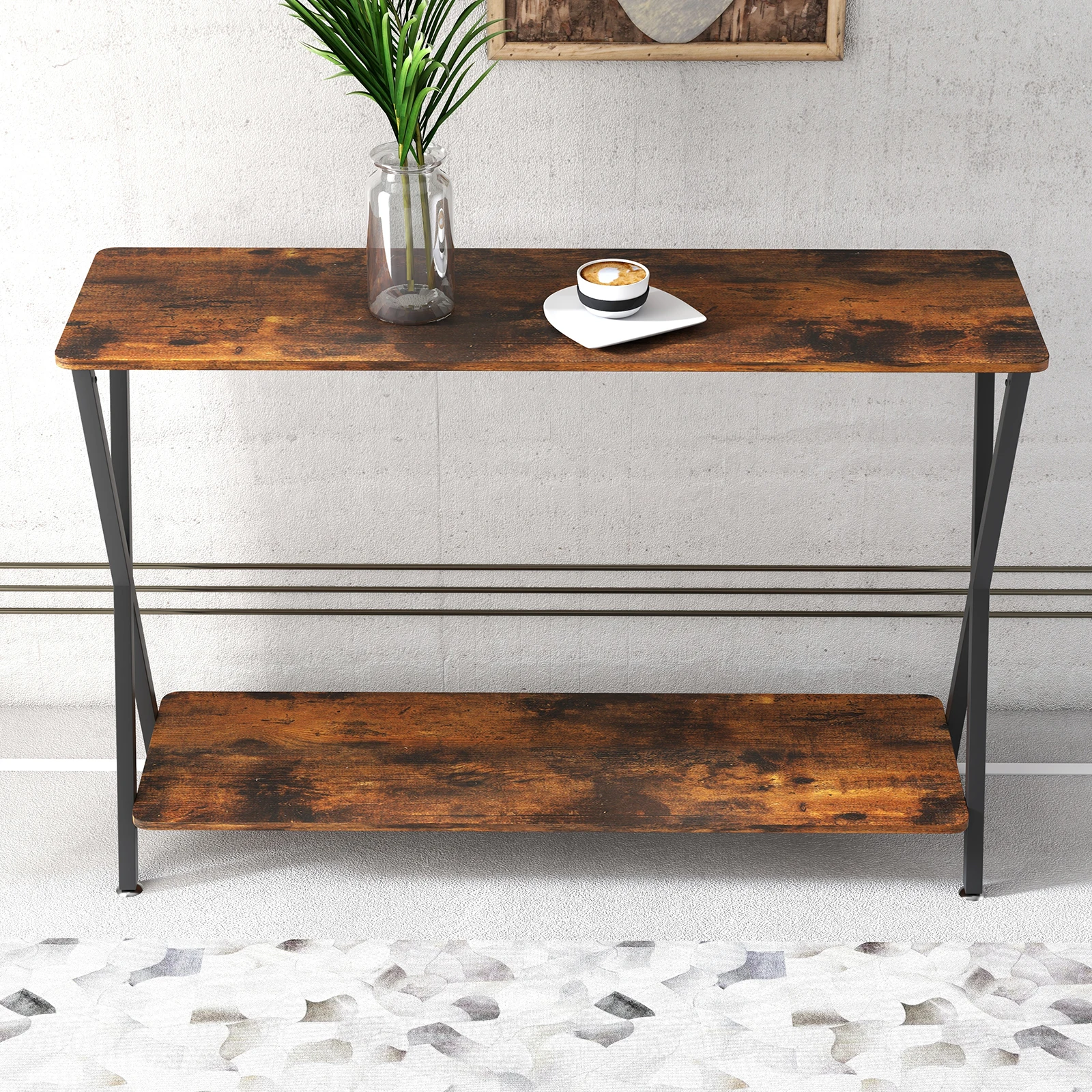 GarveeLife schmaler Konsolentisch mit Ablage – Sofa-Konsolentisch für Flur und Wohnzimmer, Metallfuß im Industriestil, Flurtisch für Eingangsbereich und Foyer, 85 cm, Farbe: Rustikales Braun.