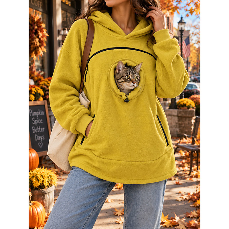 Women's Pet Carrier Hoodie Pet Pouch Hoodie Fleece Casual Long Sleeve Hooded Regular Tops pale pinkish gray Black Olive Green Yellow Red Fall Winter