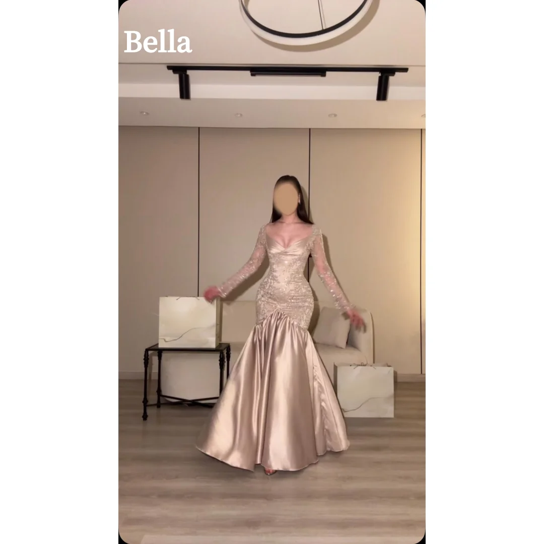 Bella Long Sleeve Glitter Sequin Champagne Gold Mermaid Gown Wedding Guest Sweetheart Neck Satin Trumpet Dress Formal Party Prom