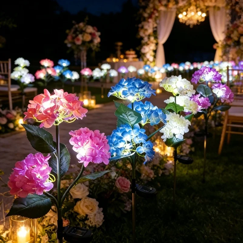 Solar LED 3 Head Hydrangea Rose Flower Lawn Lamps Outdoor Garden Light for Camping Garden Patch Patio Country House Decoration