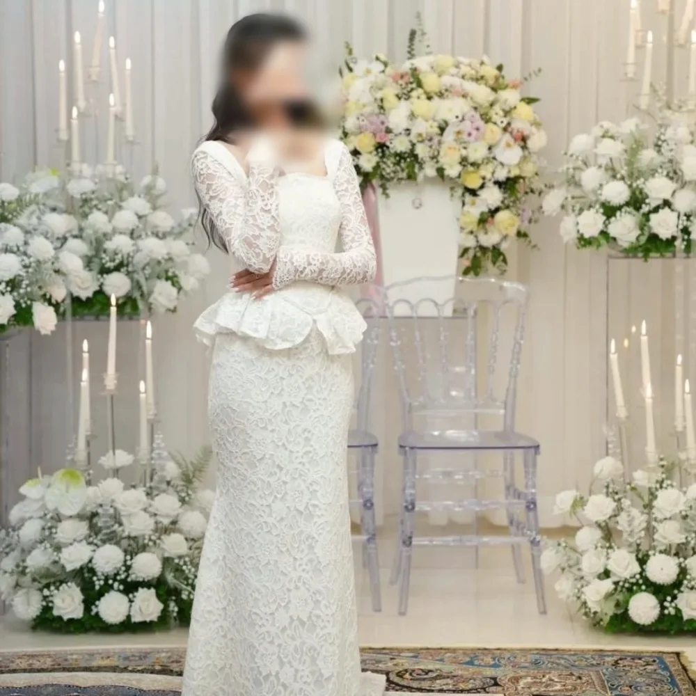 Customized High Quality Wedding Party Dress Engagement Lace Pleat Bespoke Occasion Square Neck Trumpet Long Dresses