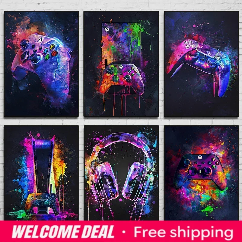 2026 Watercolor Neon Video Game Posters XBOX Prints GamePad Headset Canvas Painting Gaming Wall Art Boys Gamer Room Home Dec