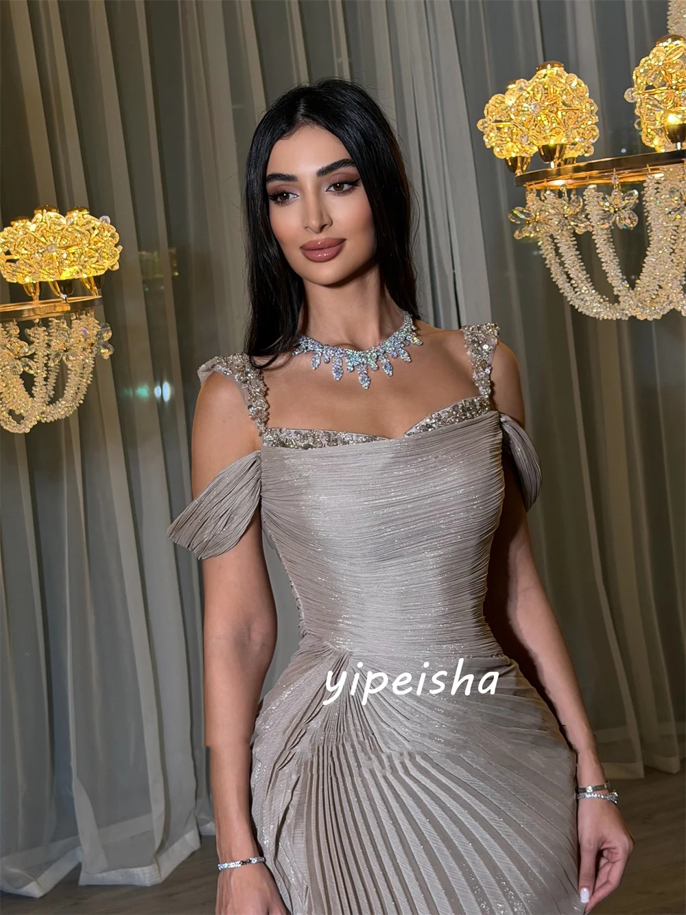 Customized Classic Pleat Draped Beading Sequined Straight Off-the-shoulder Floor-Length Evening Dresses for Woman High Quality