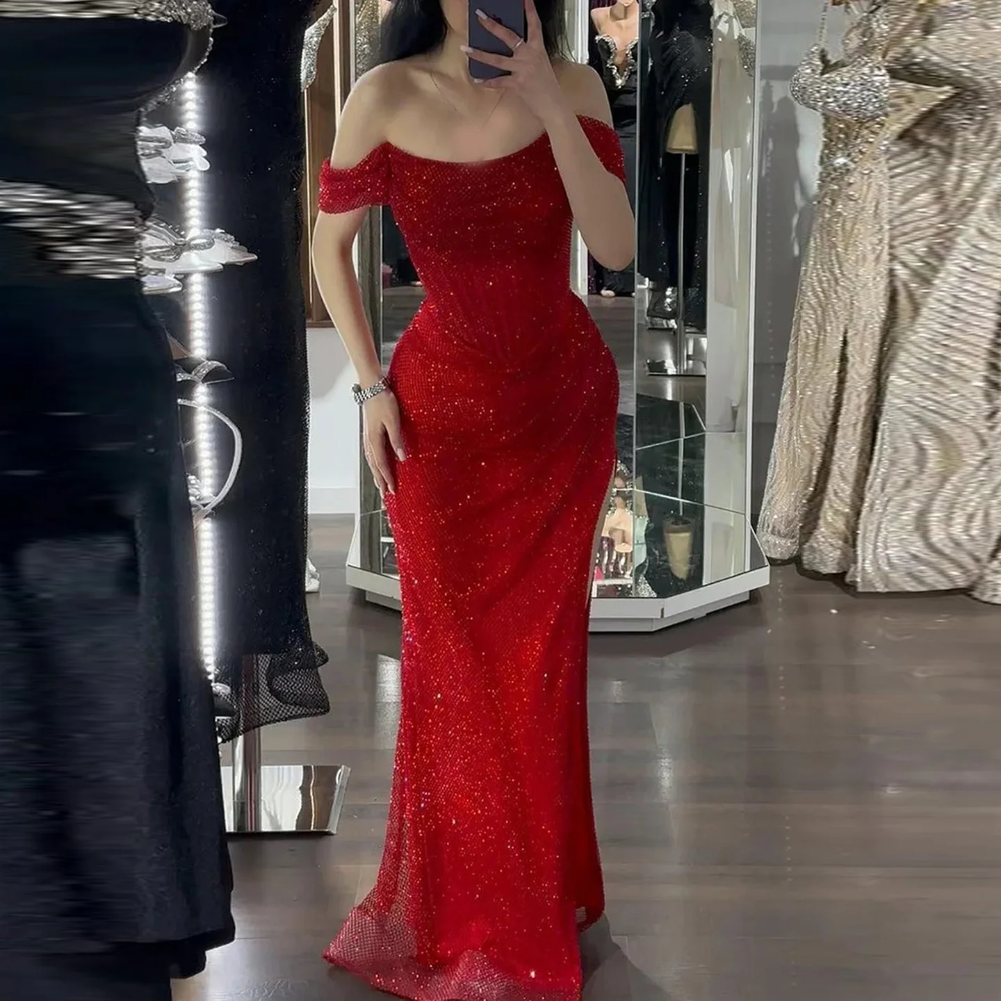 Remote Moon Elegant Off The Shoulder Sequin Evening Dresses Ruched Mermaid Floor-Length Wedding Guest Prom Gowns MN573 Customize