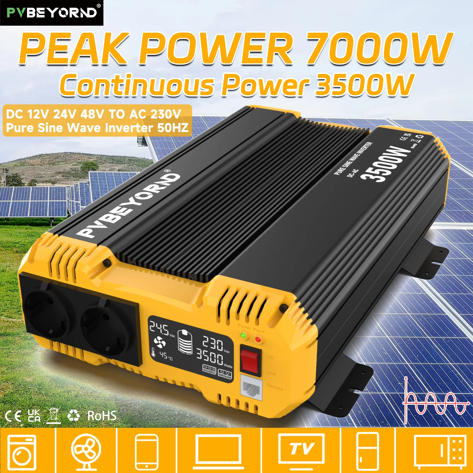 PVBEYORND Onduleur à onde sinusoïdale pure, onduleur de puissance 7000W, onduleur DC 12V 24V vers AC 220V 230V 50HZ, onde sinusoïdale, puissance continue 3500W, adapté à l