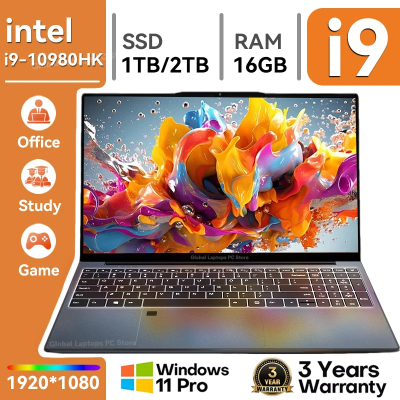 Ordinateur portable de jeu Intel Core I9 10980HK, PC portable Windows 11 Pro, ordinateur portable 15,6 pouces, 16 Go de RAM, 1 To ou 2 To de SSD, déverrouillage par empreinte digitale, ordinateurs