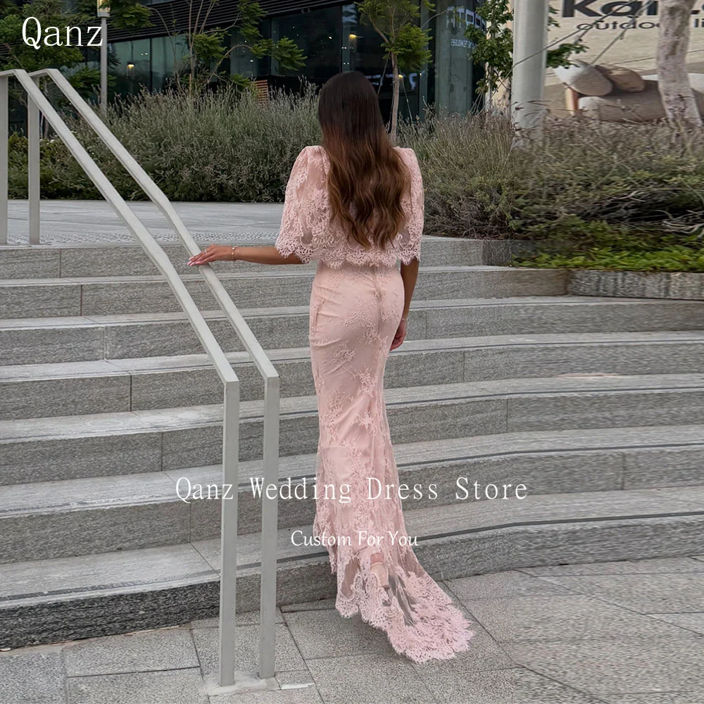 Qanz Blush Pink Mermaid Prom Dresses Lace Appliques Cape Formal Wedding Guest Dress Women High Neck Robe De Soirée Customized