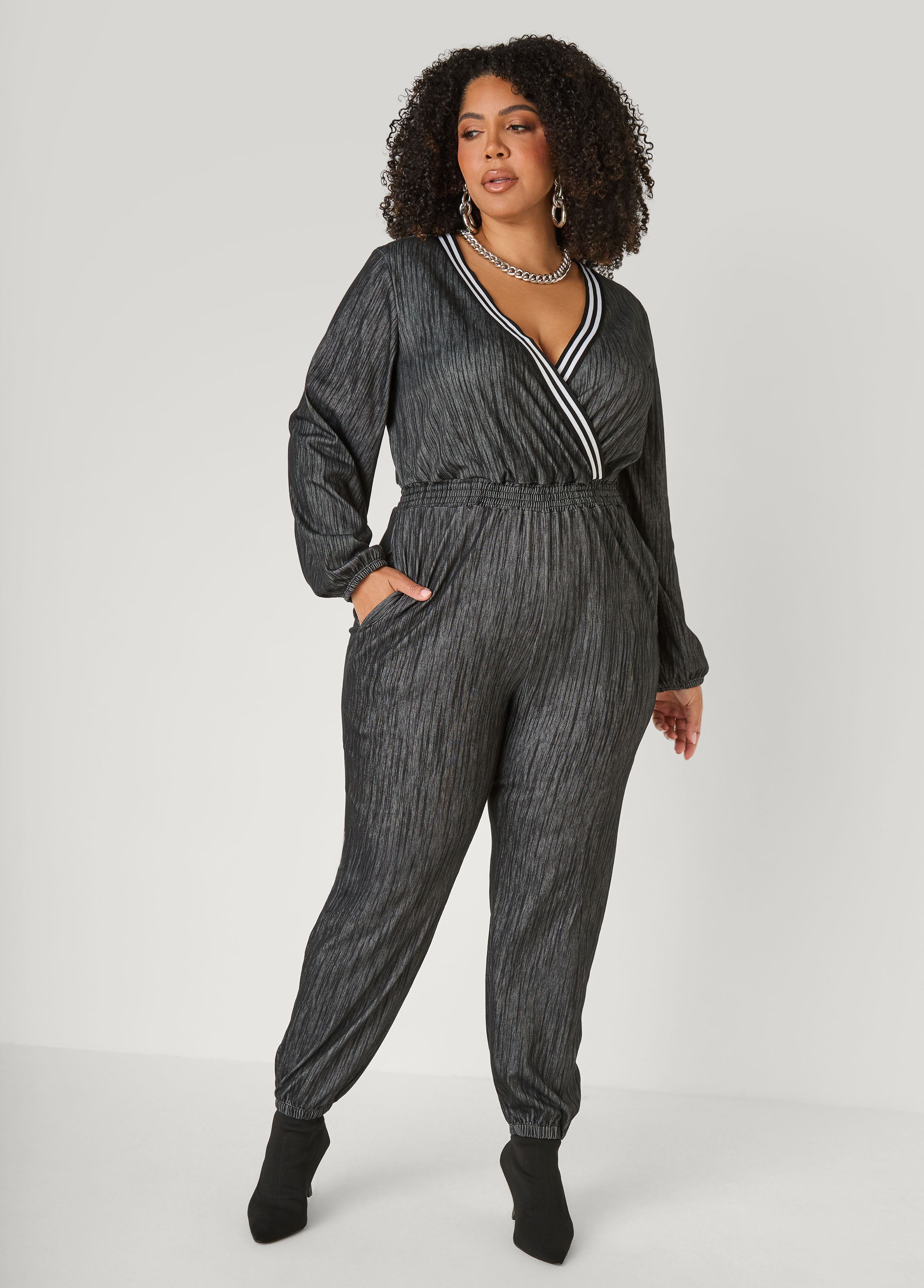 Plus Size Textured Denim Joggers Jumpsuit