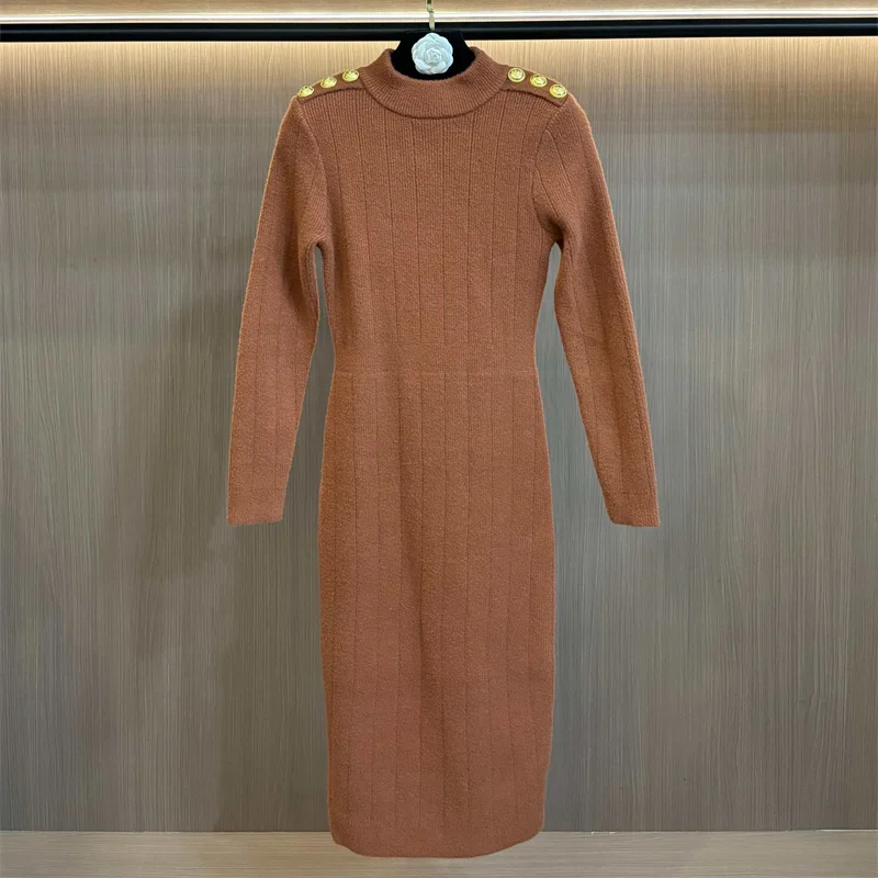 Vintage Knitted Slim Fitting Half High Neck Long Dress MetalButtons Elegant ClassicPerfect ForParties Vacations Dresses Clothing