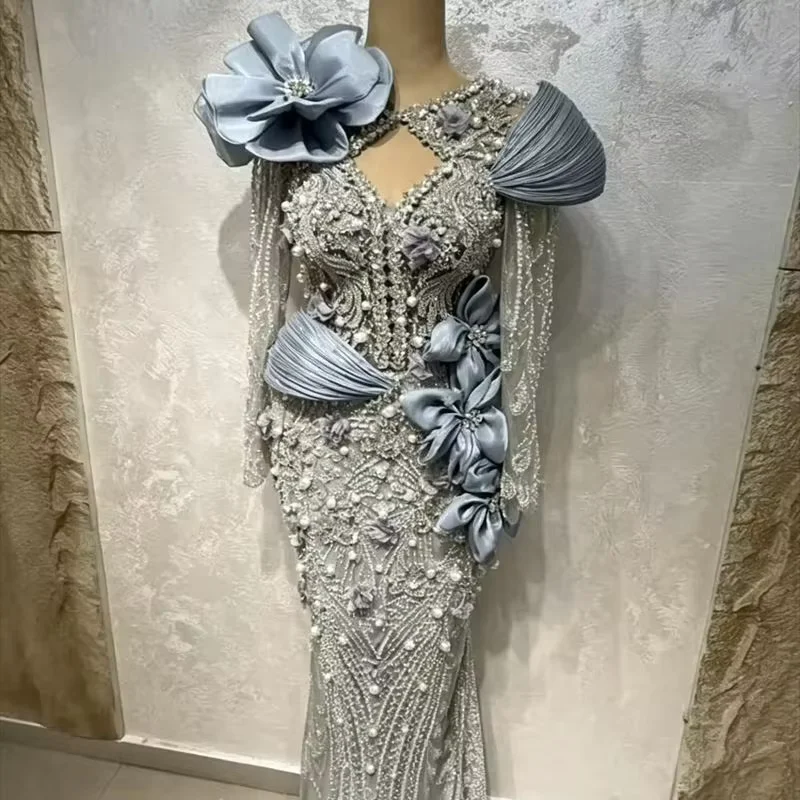Luxury Middle Eastern Evening Dresses Long Sleeves Floral Beaded Saudi Arabia Dubai Robe De Soiree Prom Dress Gown Customized