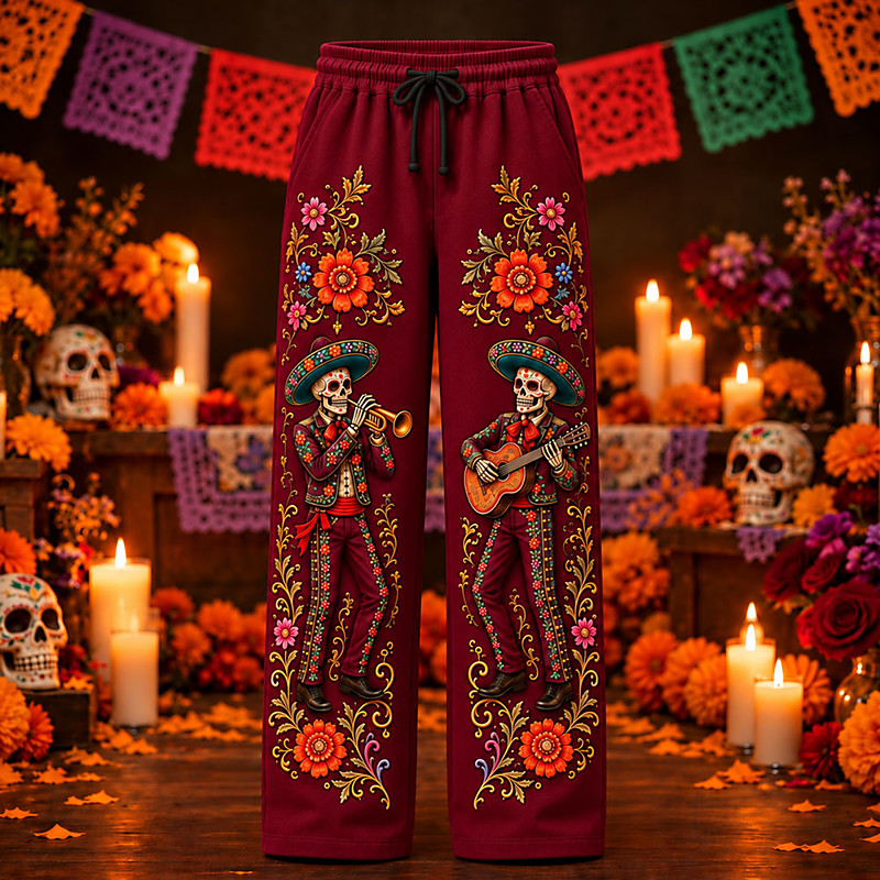 Men's Skull Day of the Dead Rose Casual Pants Mid Waist Casual Casual Outdoor Drawstring Elastic Waist Straight Leg Trousers Summer Spring Fall Graphic Print Red Blue Green