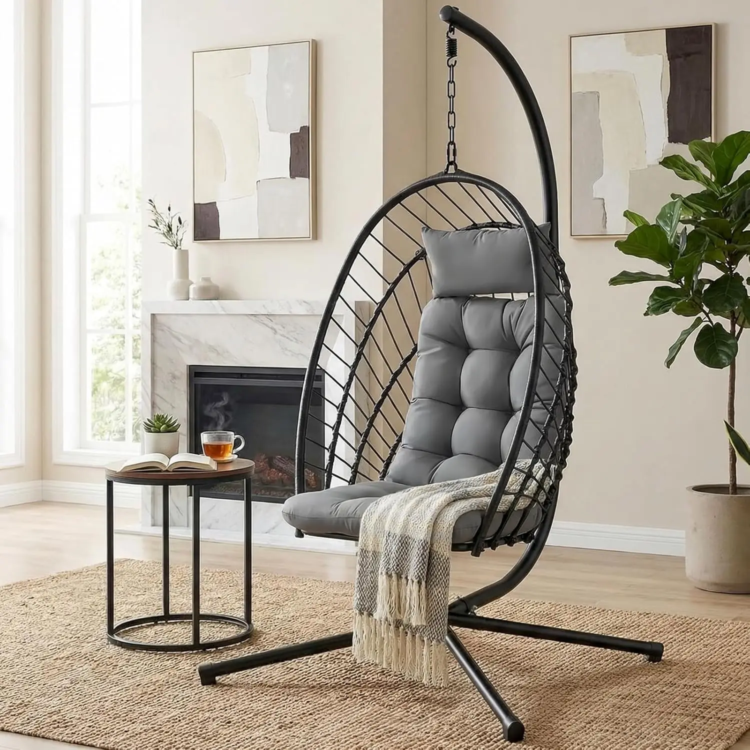 Klappbarer Hängesessel mit Gestell, Hängekorb mit Kissen und Sicherheitsgurt, Metallgestell und Sitzkissen, Faltbarer Eierstuhl mit Kissen, Liegestuhl für drinnen und draußen, Schaukel für Erwachsene & Kinder, für Gart
