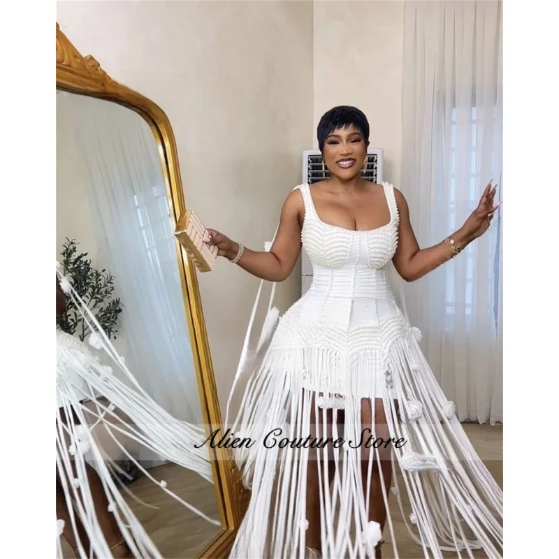 Sexy Short Ball Dress Exquisite Tassel 3D Flower Cocktail Party Dress African Strapless Pearl Party Gown 2026 Customized