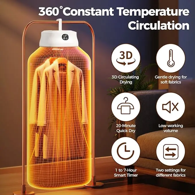 Foldable Portable Clothes Dryer 360° Hot Air Circulation PTC Fast Heating Laundry Dryer with 1-7H Timer Overheat Protection Low Noise Energy Saving Large Capacity Hanging Garment Dryer Machine for Socks Underwear Light Clothes Home Dorm RV Travel...